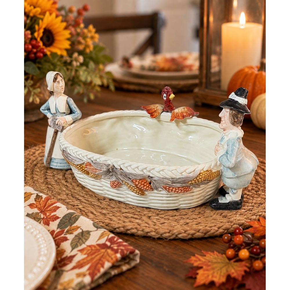 Fitz & Floyd 1990 Pilgrims Progress Thanksgiving Cranberry Dish Turkey